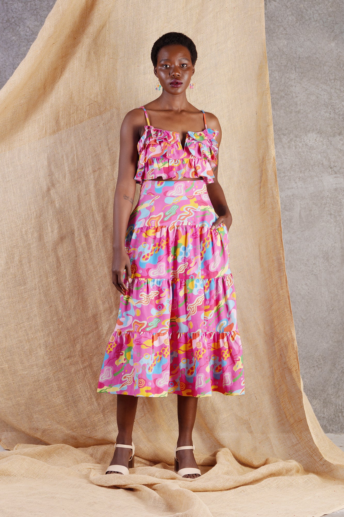 Splash Linen Blend Maxi Skirt Pink