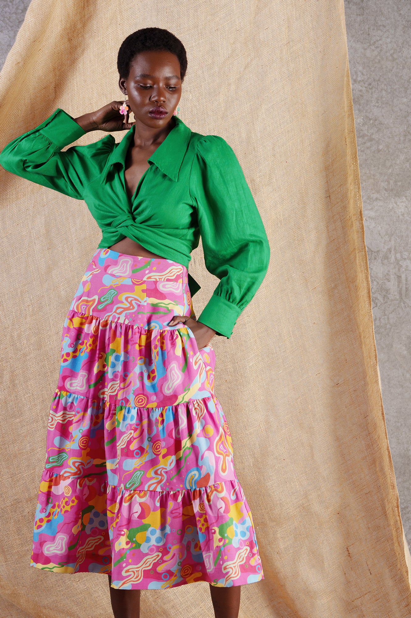 Splash Linen Blend Maxi Skirt Pink