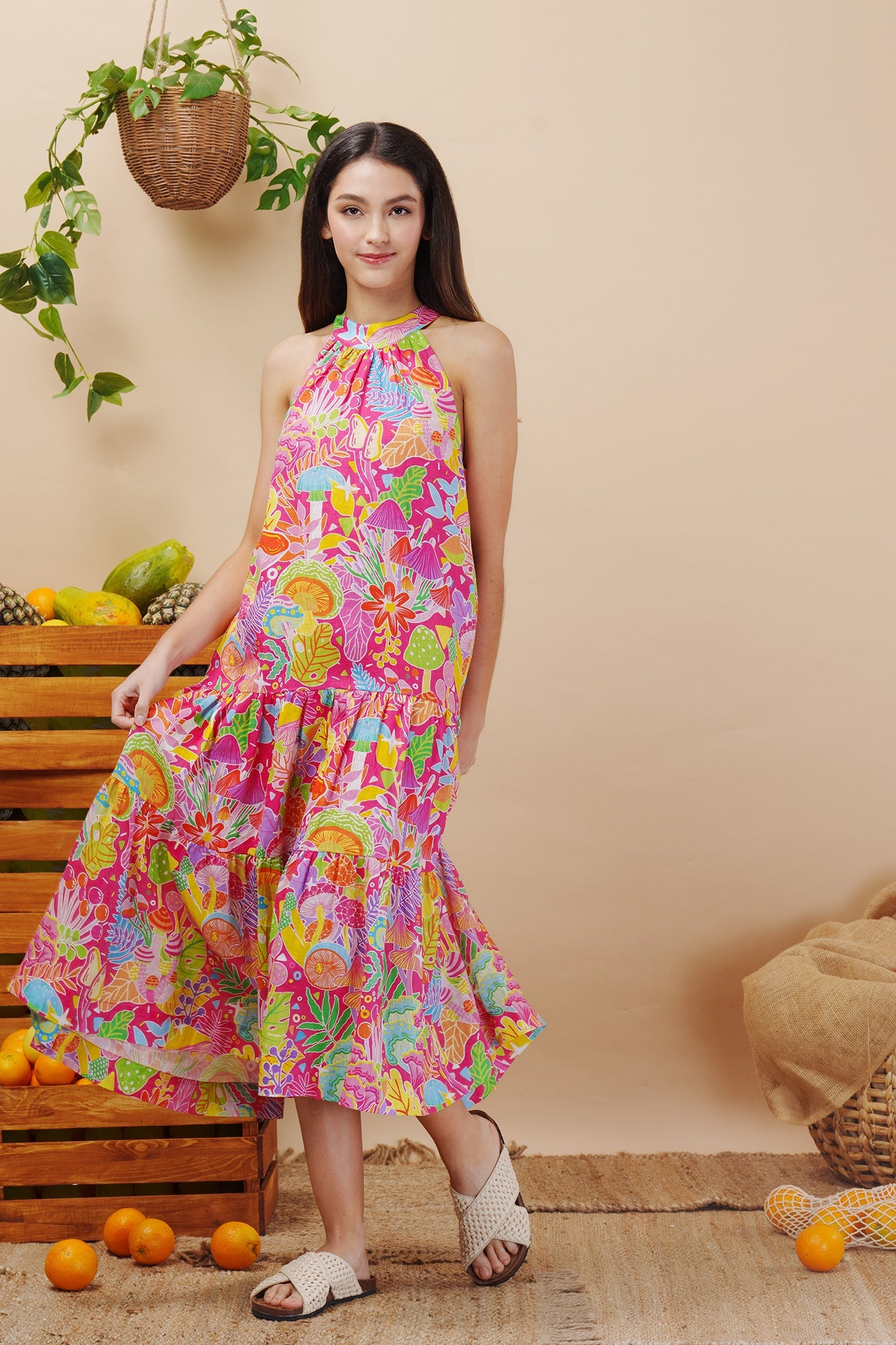 Mushroom Madness Linen Maxi Dress